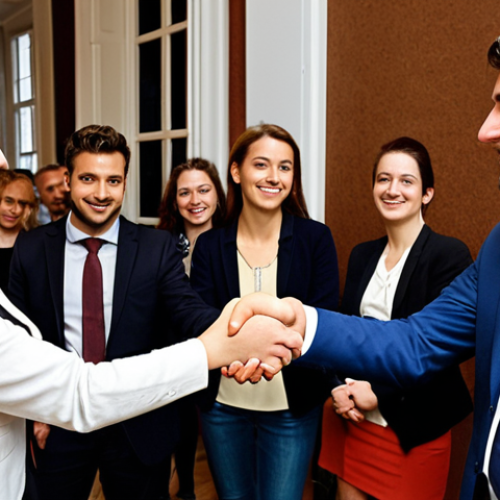 Home 14 **
A young, aspiring notary at a networking event in Amsterdam, shaking hands with an experienced notary. The background should subtly suggest a professional setting with legal professionals and displays related to the Koninklijke Notariële Beroepsorganisatie (KNB). The image should portray the value of mentorship and professional connections in the notarial field.