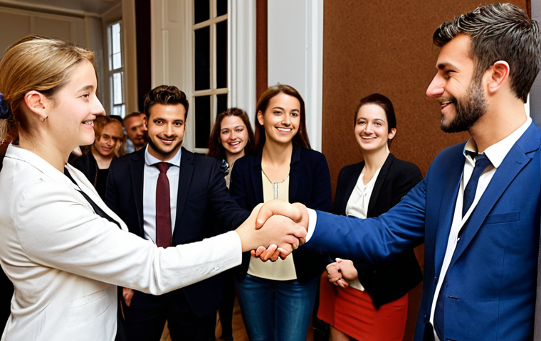 **
A young, aspiring notary at a networking event in Amsterdam, shaking hands with an experienced notary. The background should subtly suggest a professional setting with legal professionals and displays related to the Koninklijke Notariële Beroepsorganisatie (KNB). The image should portray the value of mentorship and professional connections in the notarial field.