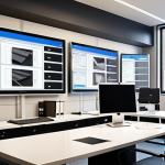 **Prompt:** A modern notary office interior, showcasing digital document management software on a large screen, with notaries working efficiently at their desks. Focus on a clean, organized workspace and the seamless integration of technology.