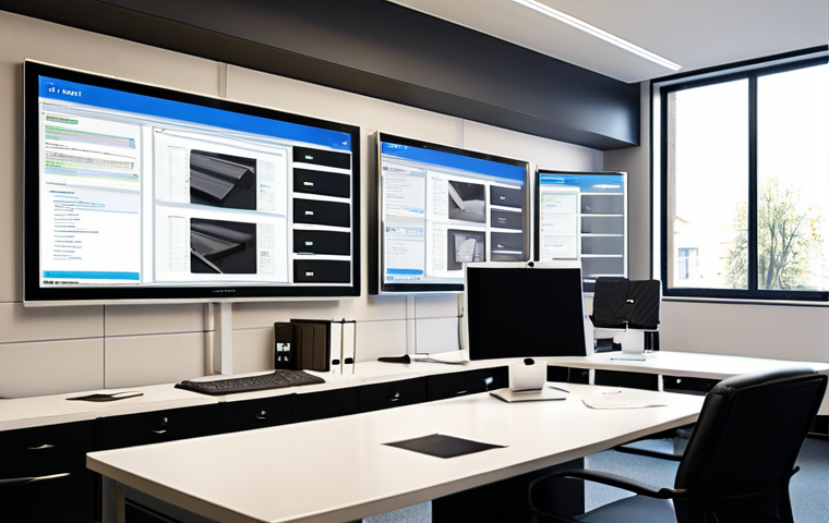 **Prompt:** A modern notary office interior, showcasing digital document management software on a large screen, with notaries working efficiently at their desks. Focus on a clean, organized workspace and the seamless integration of technology.