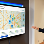 **Prompt 1: "Digital Handshake & Local Trust"**
    A modern, professional lawyer (diverse gender/ethnicity) confidently standing next to a large, interactive digital screen. The screen displays a glowing local map with pinpointed office locations and prominent, positive 5-star client reviews. The background is a sleek, contemporary law firm interior. The image should convey trust, strong online reputation, and effective local digital visibility. Lighting is bright and inviting, emphasizing cleanliness and professionalism.
