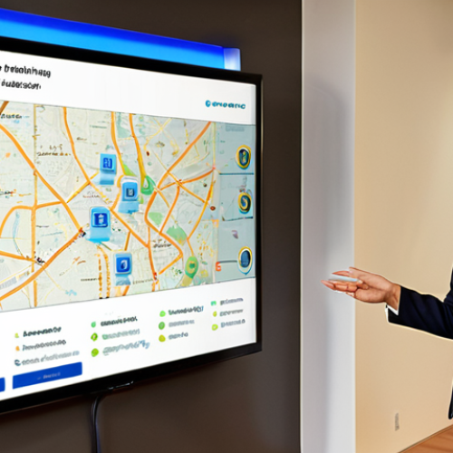 Home 6 **Prompt 1: "Digital Handshake & Local Trust"**
A modern, professional lawyer (diverse gender/ethnicity) confidently standing next to a large, interactive digital screen. The screen displays a glowing local map with pinpointed office locations and prominent, positive 5-star client reviews. The background is a sleek, contemporary law firm interior. The image should convey trust, strong online reputation, and effective local digital visibility. Lighting is bright and inviting, emphasizing cleanliness and professionalism.
