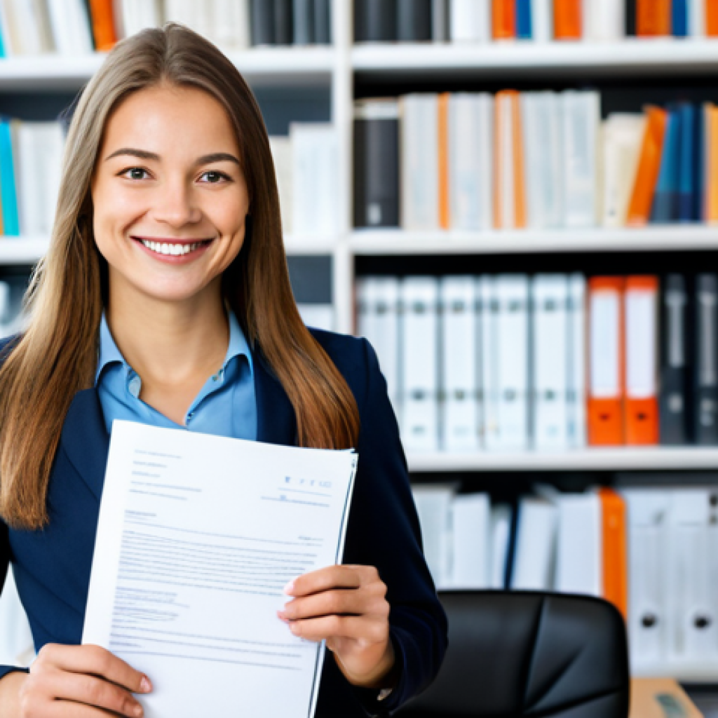 A professional Dutch notary, fully clothed in a modest business suit, stands confidently in a modern, brightly lit office. They are holding a legal document with a slight, reassuring smile, conveying professionalism and trust. The background features blurred bookshelves and a clean desk, suggesting an organized and reliable environment. safe for work, appropriate content, perfect anatomy, well-formed hands, proper finger count, natural body proportions, professional dress, high-resolution photography, family-friendly.
