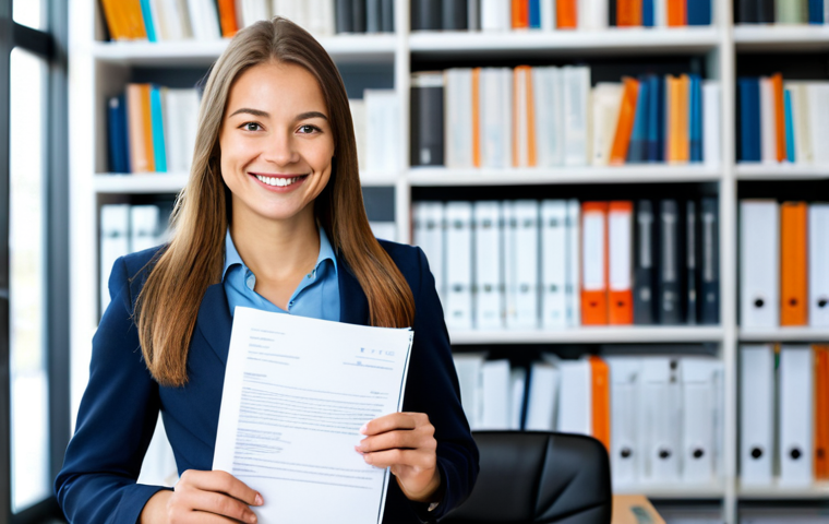 A professional Dutch notary, fully clothed in a modest business suit, stands confidently in a modern, brightly lit office. They are holding a legal document with a slight, reassuring smile, conveying professionalism and trust. The background features blurred bookshelves and a clean desk, suggesting an organized and reliable environment. safe for work, appropriate content, perfect anatomy, well-formed hands, proper finger count, natural body proportions, professional dress, high-resolution photography, family-friendly.