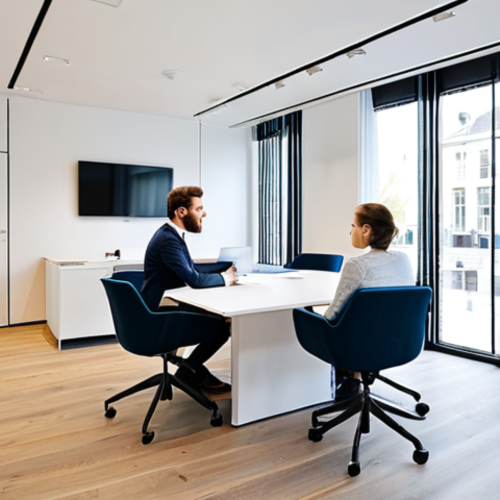 Modern Notary Office**
"A bright, modern notary office in Amsterdam, Netherlands. A fully clothed notary, professional and approachable, is meeting with a young couple in a well-lit conference room. Display a digital display showing documents, comfortable modern chairs, a clean and organized space. Safe for work, appropriate content, perfect anatomy, natural proportions, professional environment, modest attire, high resolution, family-friendly."
**