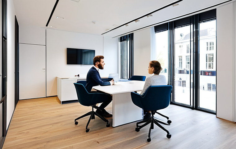 Modern Notary Office**
"A bright, modern notary office in Amsterdam, Netherlands. A fully clothed notary, professional and approachable, is meeting with a young couple in a well-lit conference room. Display a digital display showing documents, comfortable modern chairs, a clean and organized space. Safe for work, appropriate content, perfect anatomy, natural proportions, professional environment, modest attire, high resolution, family-friendly."
**