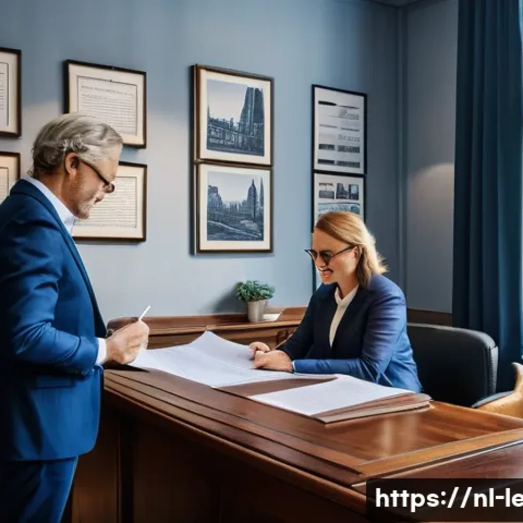 법무사로서 성공한 사례 - A professional Dutch notary office interior, with a well-dressed middle-aged notary explaining compl...