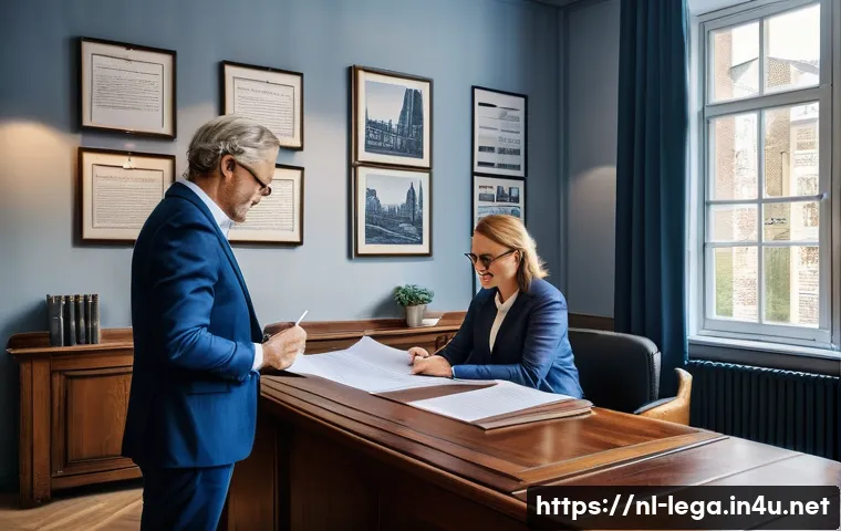 법무사로서 성공한 사례 - A professional Dutch notary office interior, with a well-dressed middle-aged notary explaining compl...