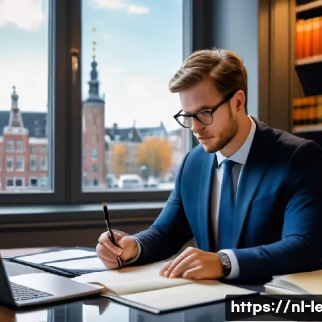 법무사 자격증의 커리어 업그레이드 가능성 - A professional Dutch notarial officer in a modern office setting, wearing formal business attire and...