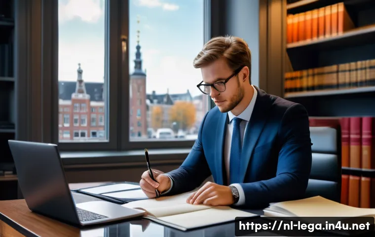 법무사 자격증의 커리어 업그레이드 가능성 - A professional Dutch notarial officer in a modern office setting, wearing formal business attire and...