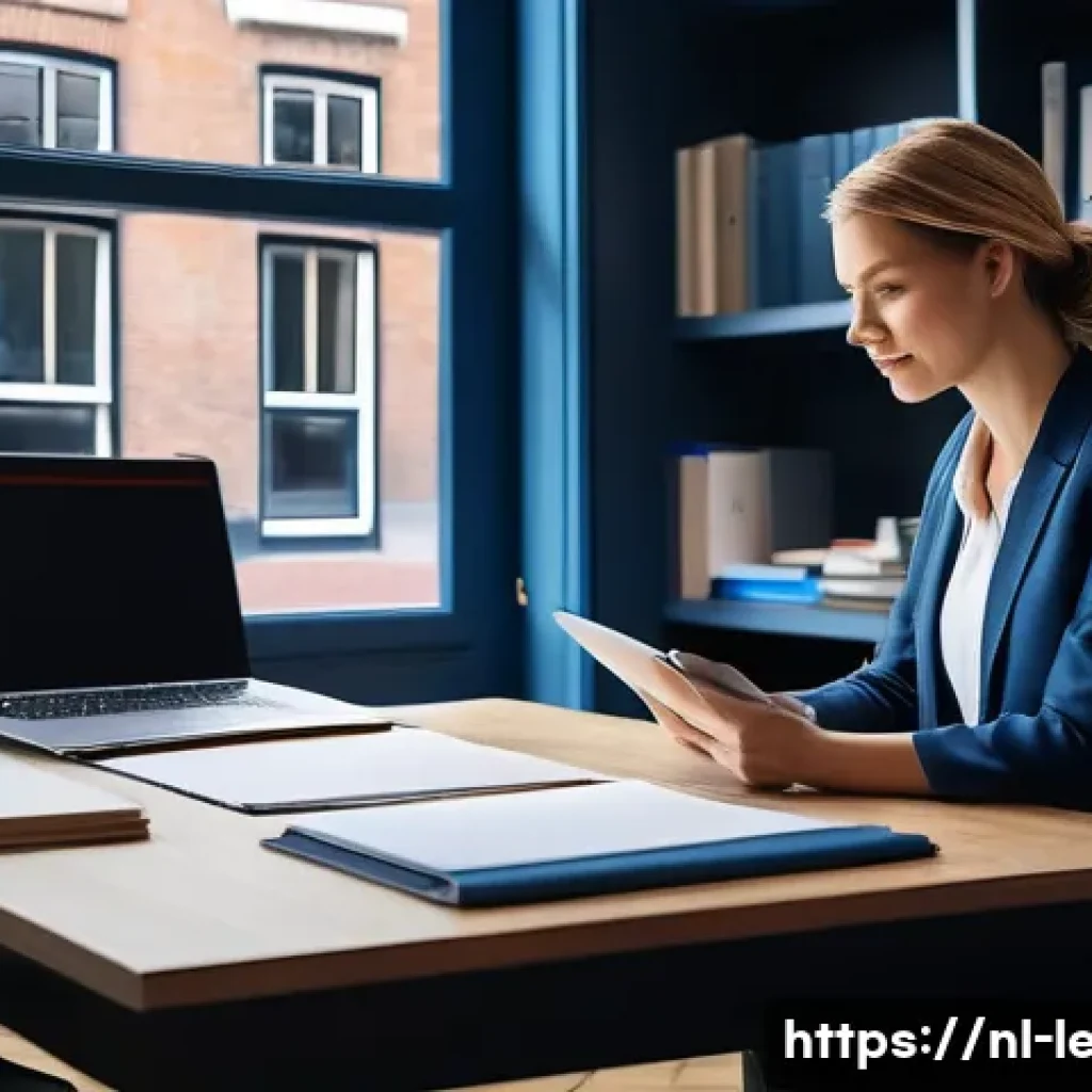 법무사 시험 중 최근 출제 경향 분석 - A modern Dutch notary office interior, showing a professional notarial clerk working on a digital ta...