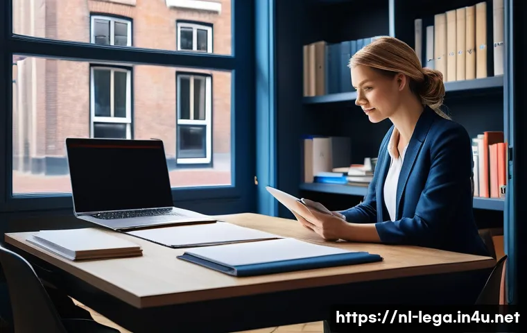 법무사 시험 중 최근 출제 경향 분석 - A modern Dutch notary office interior, showing a professional notarial clerk working on a digital ta...