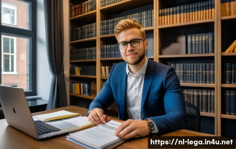 법무사 연봉 평균 - A modern Dutch legal office interior showing a young professional juridical employee in business cas...