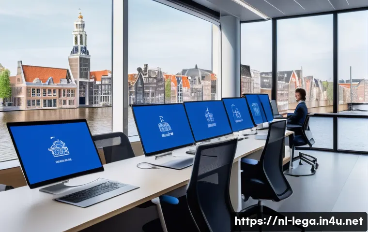 법무사 업무 중 발생하는 리스크 - A modern Dutch legal office interior showing a diverse team of professionals securely handling confi...