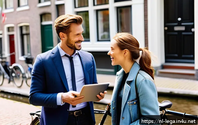 법무사와 공인중개사의 차이 - A professional Dutch real estate agent showing a young couple around a charming Amsterdam canal hous...