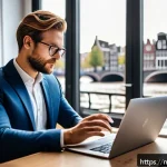 Home 19 법무사 자격증으로 가능한 프리랜서 일자리 - A professional freelance legal consultant in a modern Amsterdam office, dressed in smart business at...