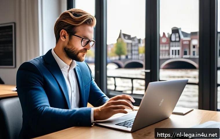 법무사 자격증으로 가능한 프리랜서 일자리 - A professional freelance legal consultant in a modern Amsterdam office, dressed in smart business at...