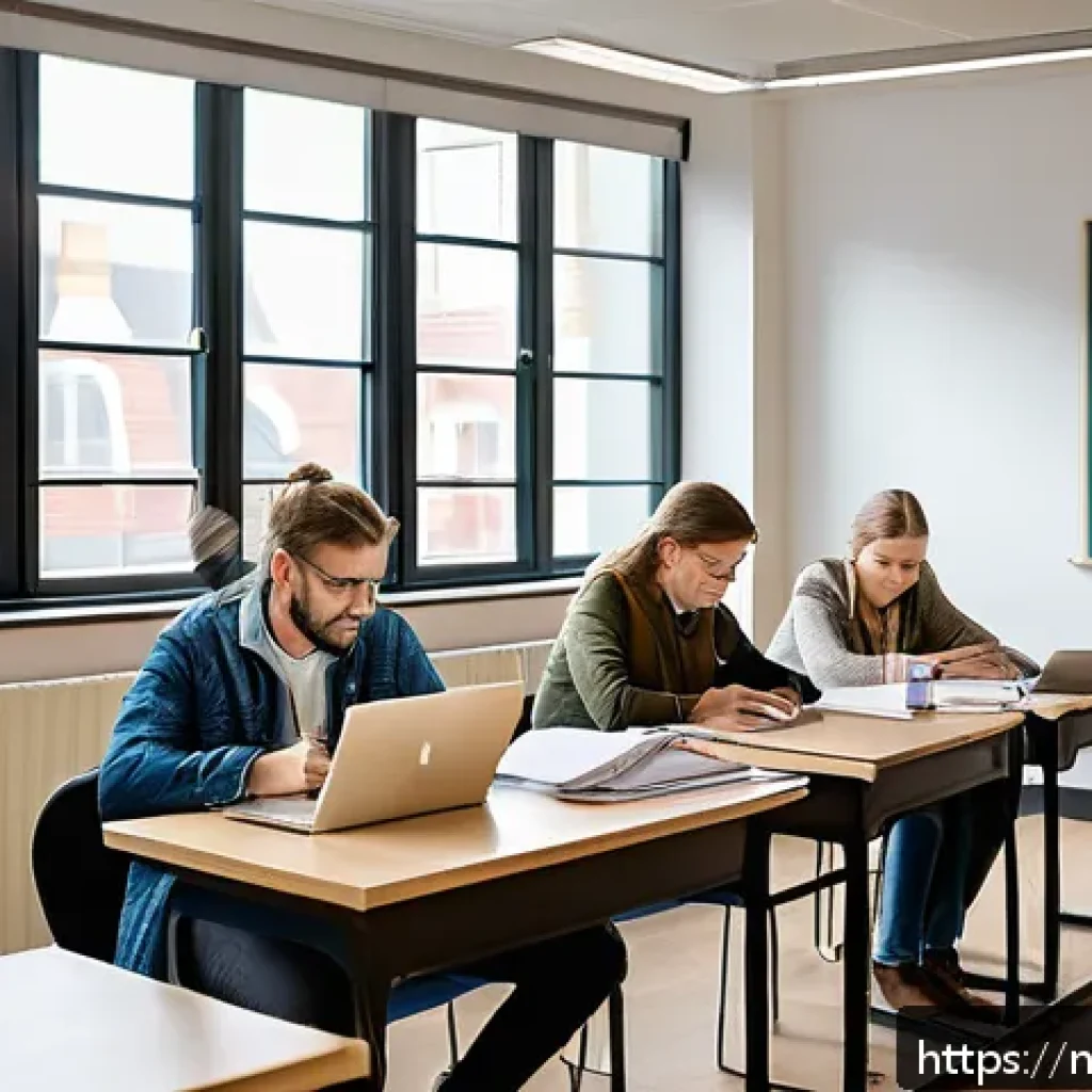 법무사 시험의 예상 커트라인 점수 - A modern Dutch classroom scene showing a diverse group of adult students attentively studying for a ...