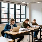Home 23 법무사 시험의 예상 커트라인 점수 - A modern Dutch classroom scene showing a diverse group of adult students attentively studying for a ...