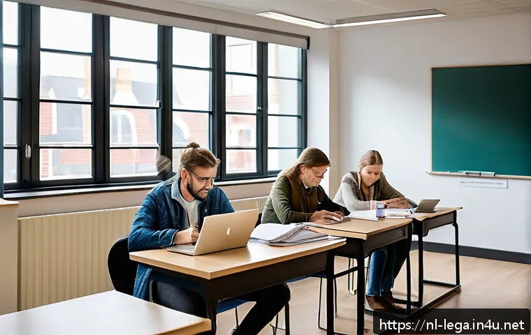 법무사 시험의 예상 커트라인 점수 - A modern Dutch classroom scene showing a diverse group of adult students attentively studying for a ...